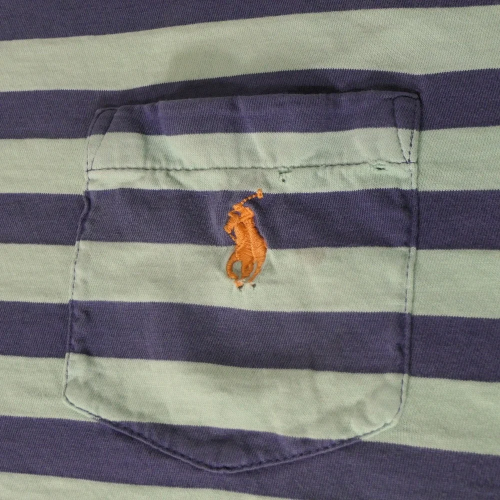 Vintage 90s Polo Ralph Lauren Mens T Shirt L Green Blue Striped Distressed Y2K